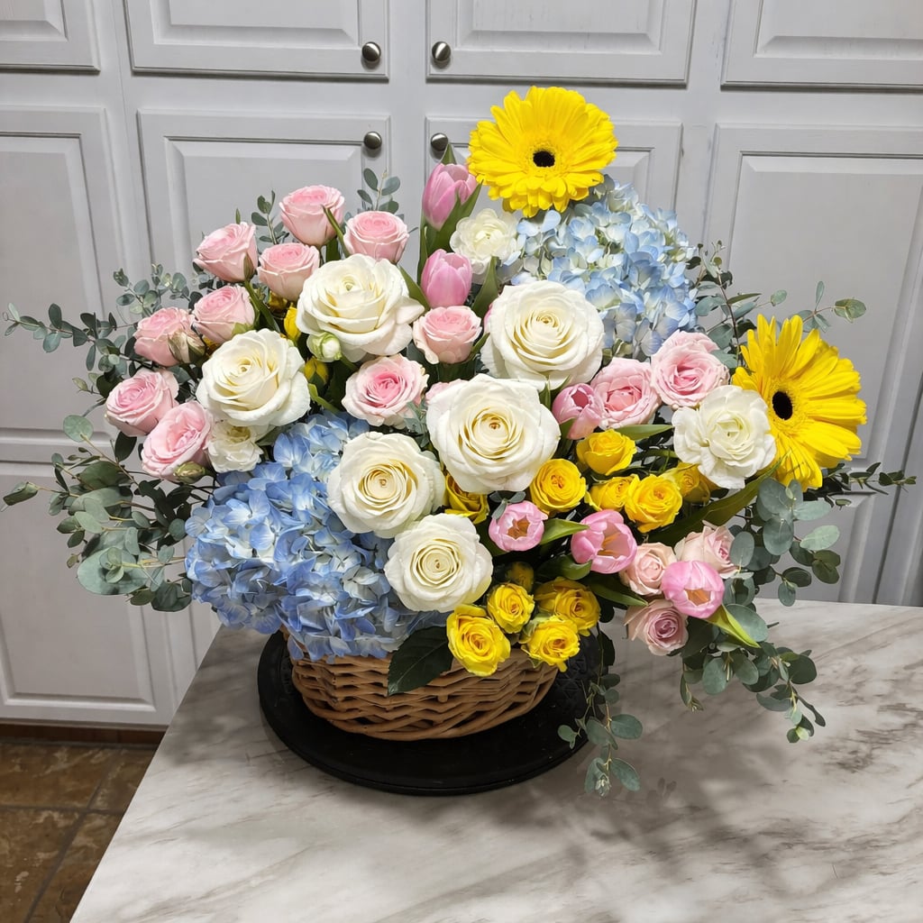 Large Easter floral arrangement with white roses, blue hydrangeas, and yellow daisies.