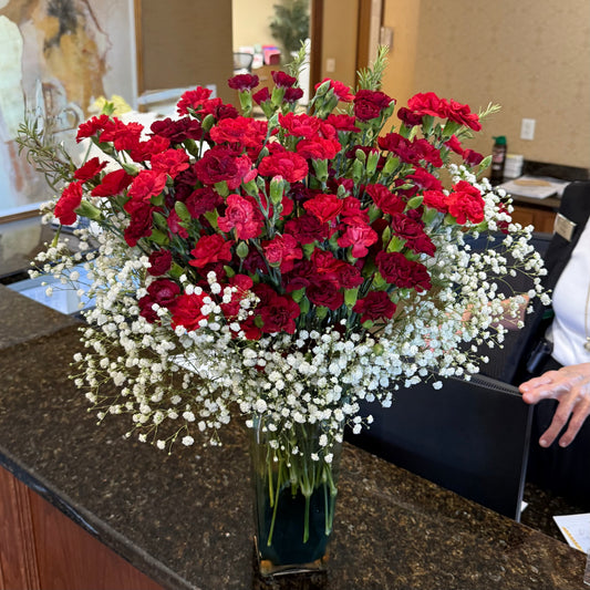 Vibrant red carnations and white baby's breath fill a clear glass vase.