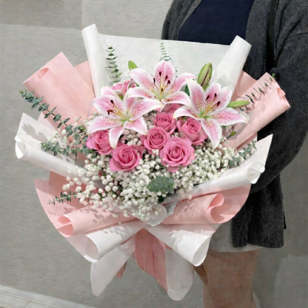 Pink lilies, roses, and baby's breath bouquet wrapped in pink and white paper.