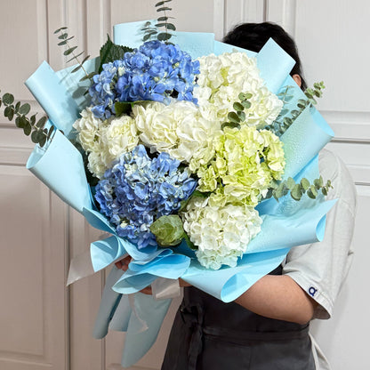 Fresh blue, white, and green hydrangea bouquet wrapped in light blue paper.